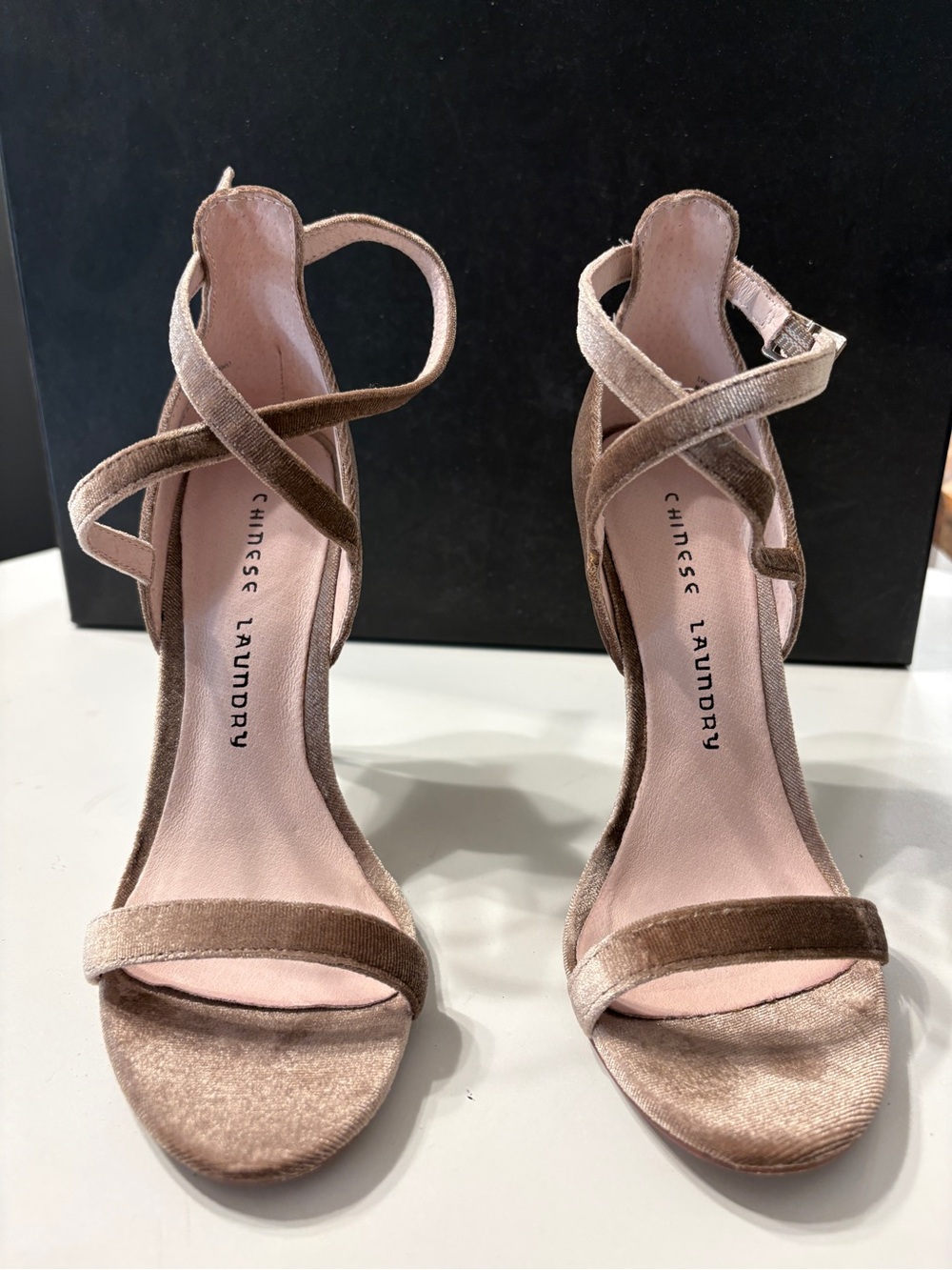 Chinese Laundry Rose Gold Velvet Strappy High Heel Sandals size 6